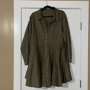 Olive green dress with pearl-like buttons